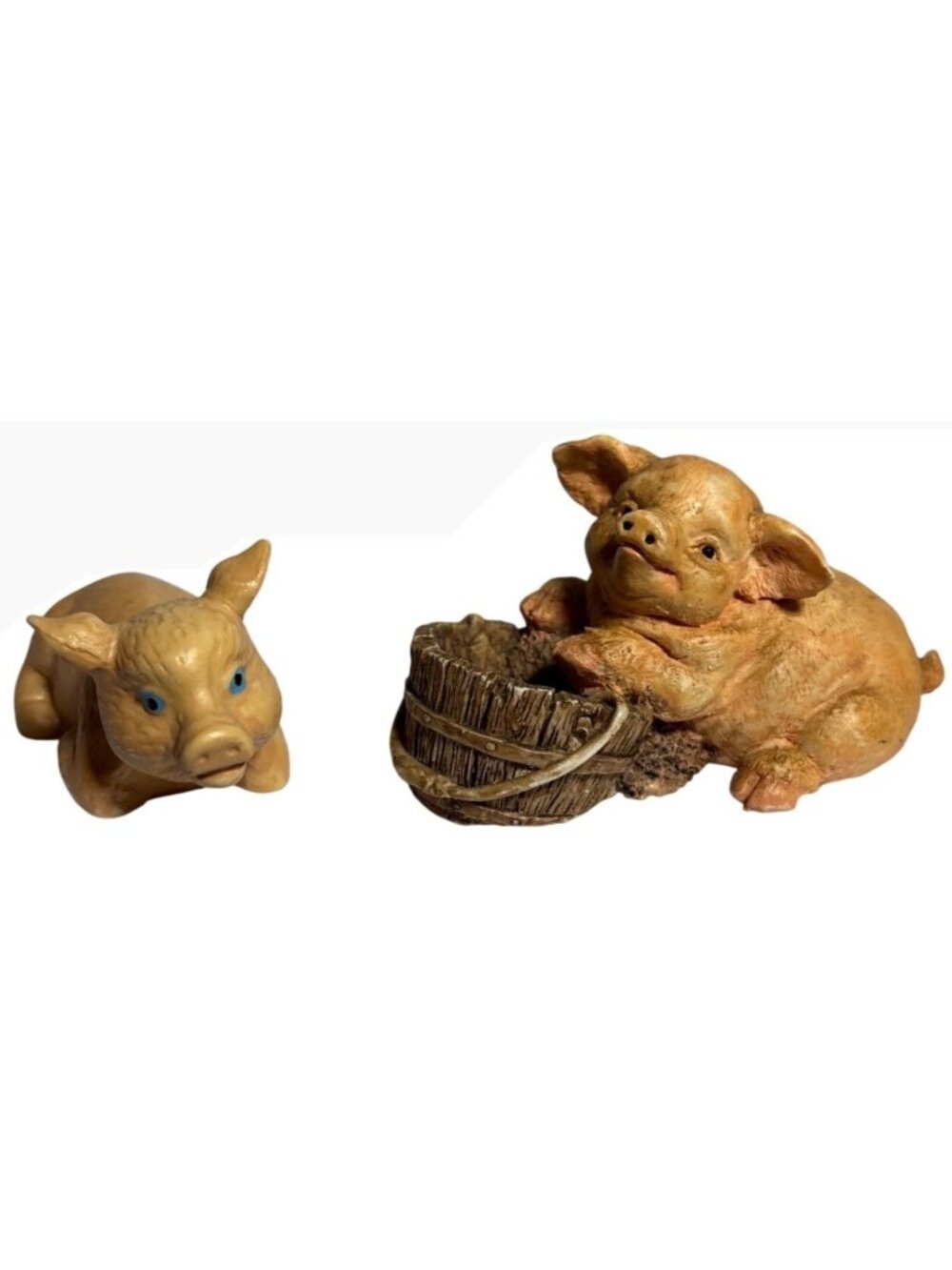 Pig Piglet Figurines Set of 2 With Rustic Barrel Collectible Farm Animal Decor